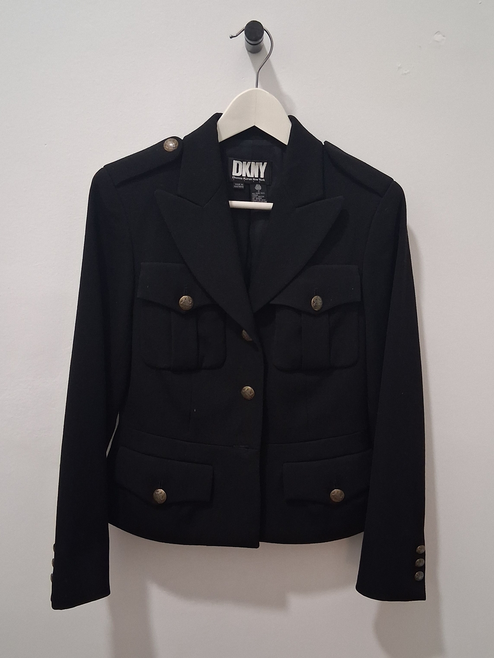 90s Vintage DKNY Black Military-Inspired Blazer with Gold Buttons